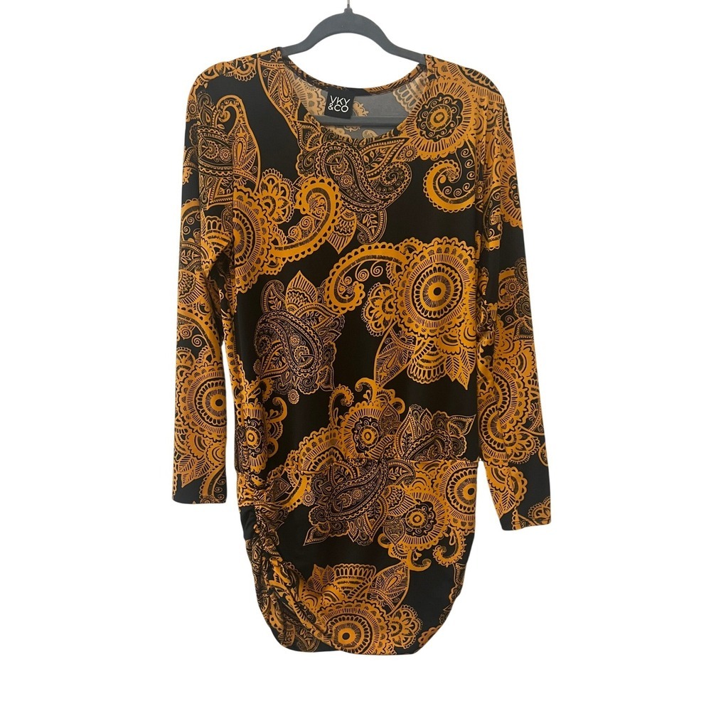 VKY & CO Womens Yellow Black Paisley Medallion Ruched Mini Dress L (1095)